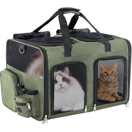 "Extra Large Cat Carrier for 2 Cats - Dual Cabin, Removable Divider, Collapsible, Holds 20-40lbs for Small Kittens & Medium Dogs - Green"