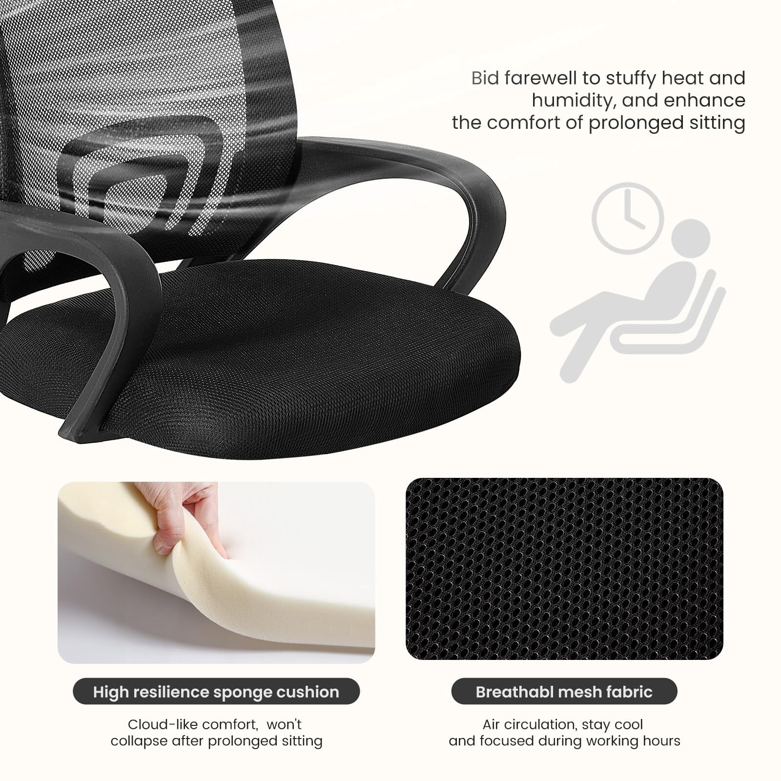 Kelno Mid-Back Mesh Office Chair 250lb Capacity Ergonomic Desk Chair with Lumbar Support Adjustable Height Rocking Task Chair, Black