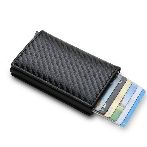 Tarjetero con cierre de cuero automático, cartera emergente, bolsillo plegable delgado de aluminio para tarjetas de visita