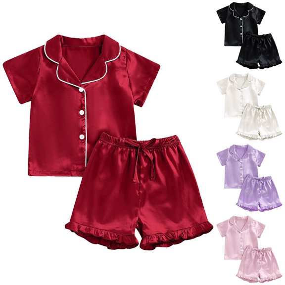 Umfun Baby Girls Satin Set Short Sleeve Button Top Ruffle Shorts Set Soft Sleepwear
