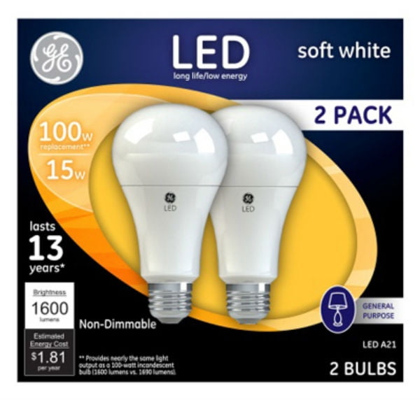 GE 65745 LED Light Bulb, 15W, White, 2 Pack