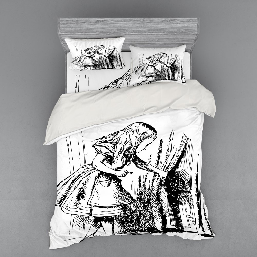 Alice in Wonderland Duvet Cover Set, Black and White Alice Looking