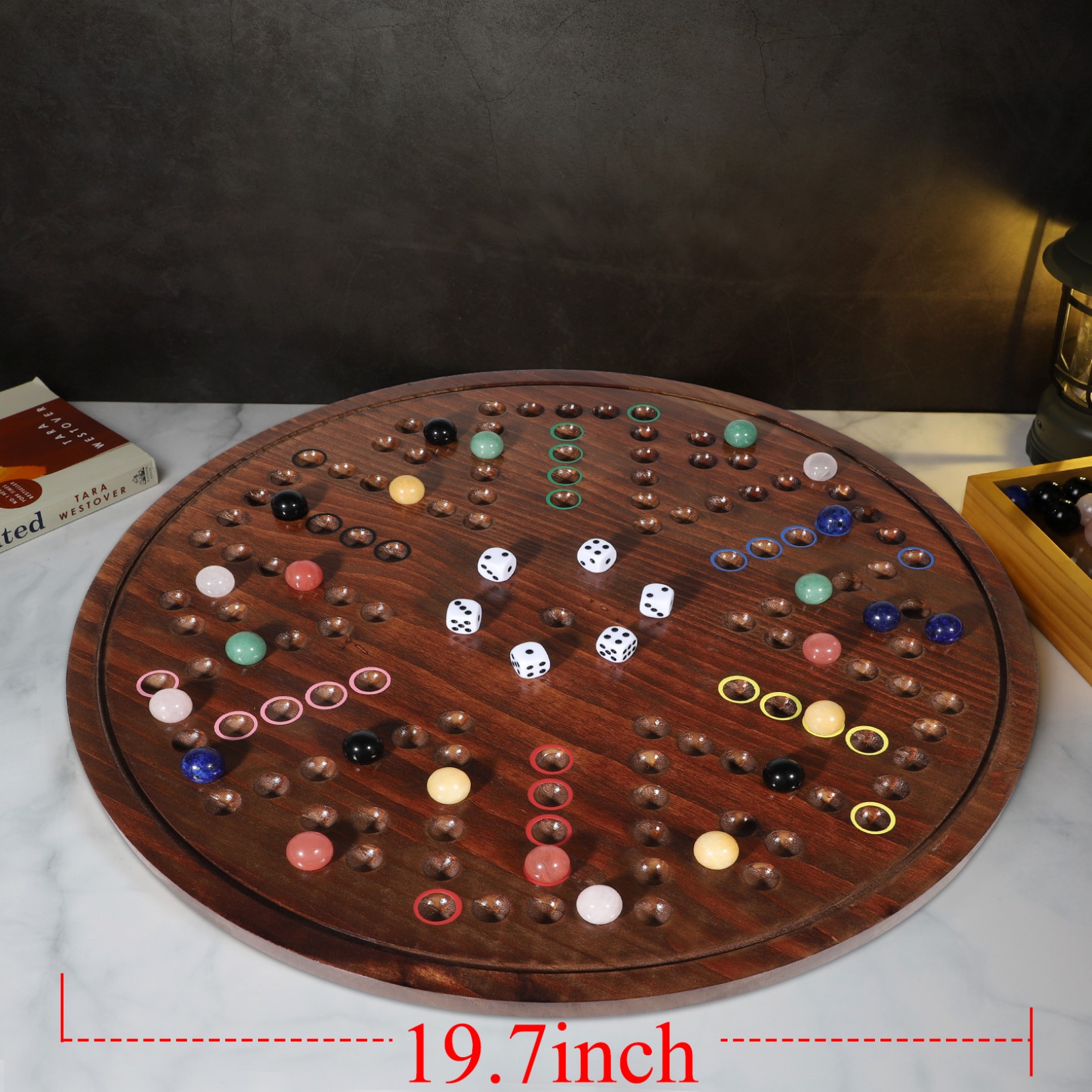 Grhonio20 in Large Original Marble Game 24 Natural Marbles Wahoo Board Game Double Sided Painted Wooden Fast Track Board Game for 6 and 4Players 6Colors 24 Marbles 6 Dice for Family Friends and Party