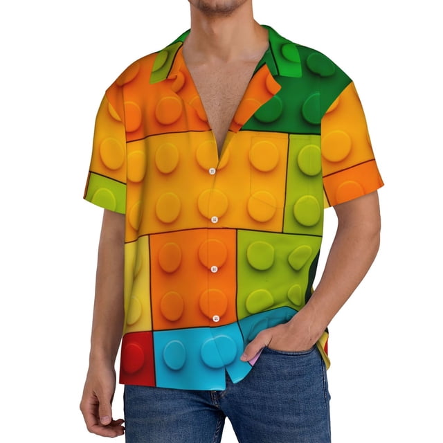Fotbe Colorful Building Blocks Camisa Estampada de Manga Corta para Hombre, Casual de Verano, Estilo Playero, Sin Arrugas-3X-Large