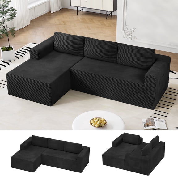 Modular Sectional Sofa Couches L-Shape Couch 3 Seat Modular Sofa Memory Foam Sectional Couches for Living Room, Cloud Couch with Oversized Chaise (Black Stripe, 94.5" Left Facing Chaise)