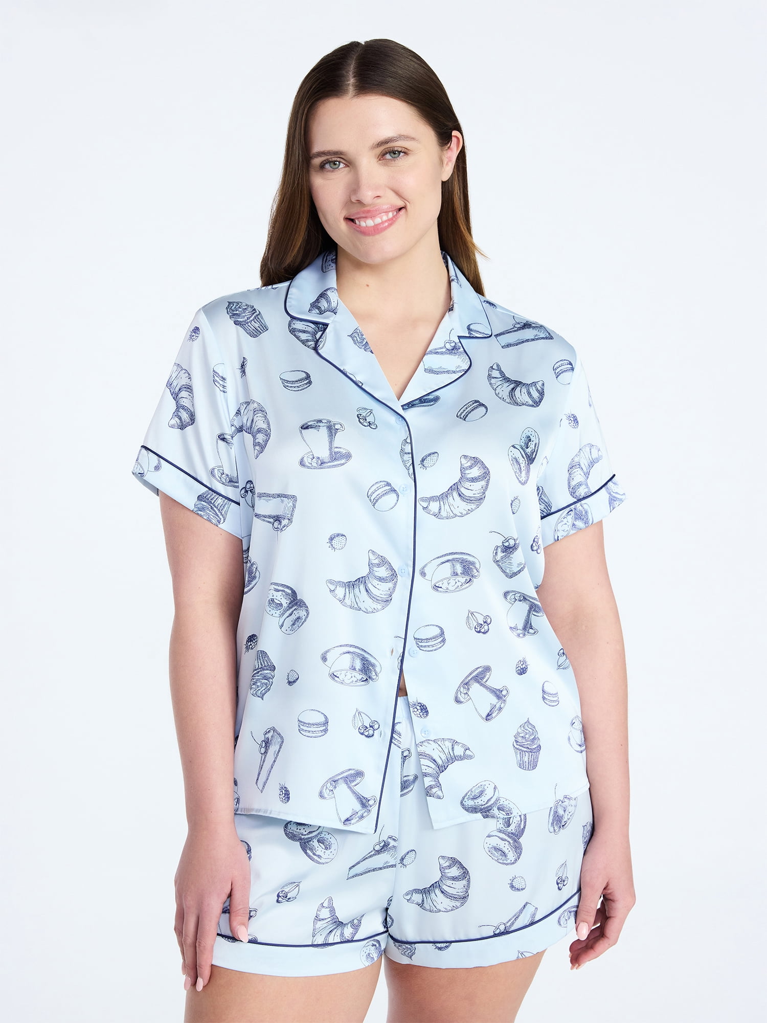 Joyspun Women’s Stretch Satin Short Sleeve Top and Shorts Pajama Set, Sizes XS-3X
