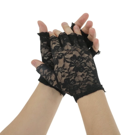 Unique Bargains 1 Pair Sunblock Fingerless Gloves Floral Half Finger Sun Block Driving Gloves for Women Black