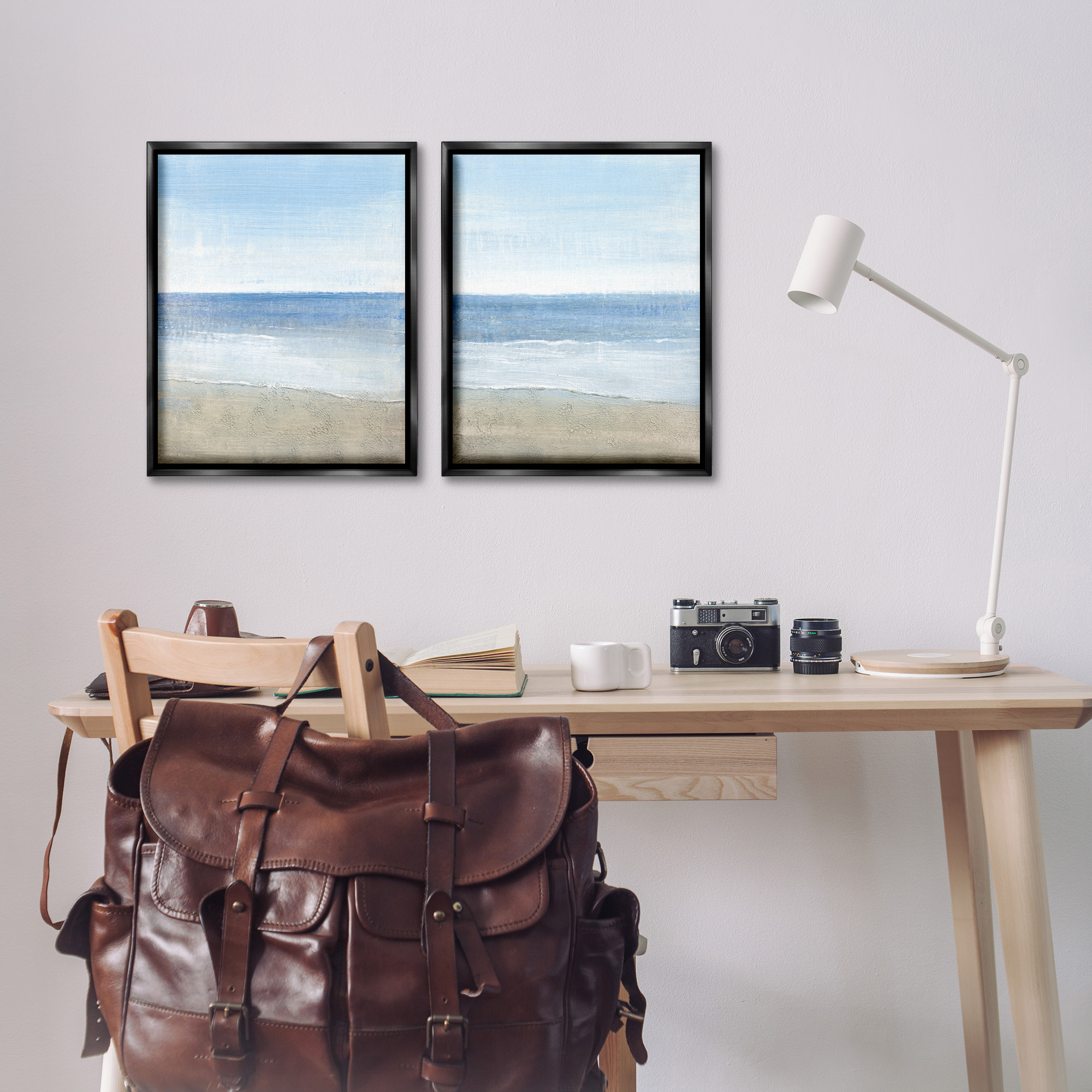 Stupell Industries Coastal Seafoam Beach Waves Nature Painting Black Floater Framed Canvas Art Print Wall Art, 17 x 21, Set of 2