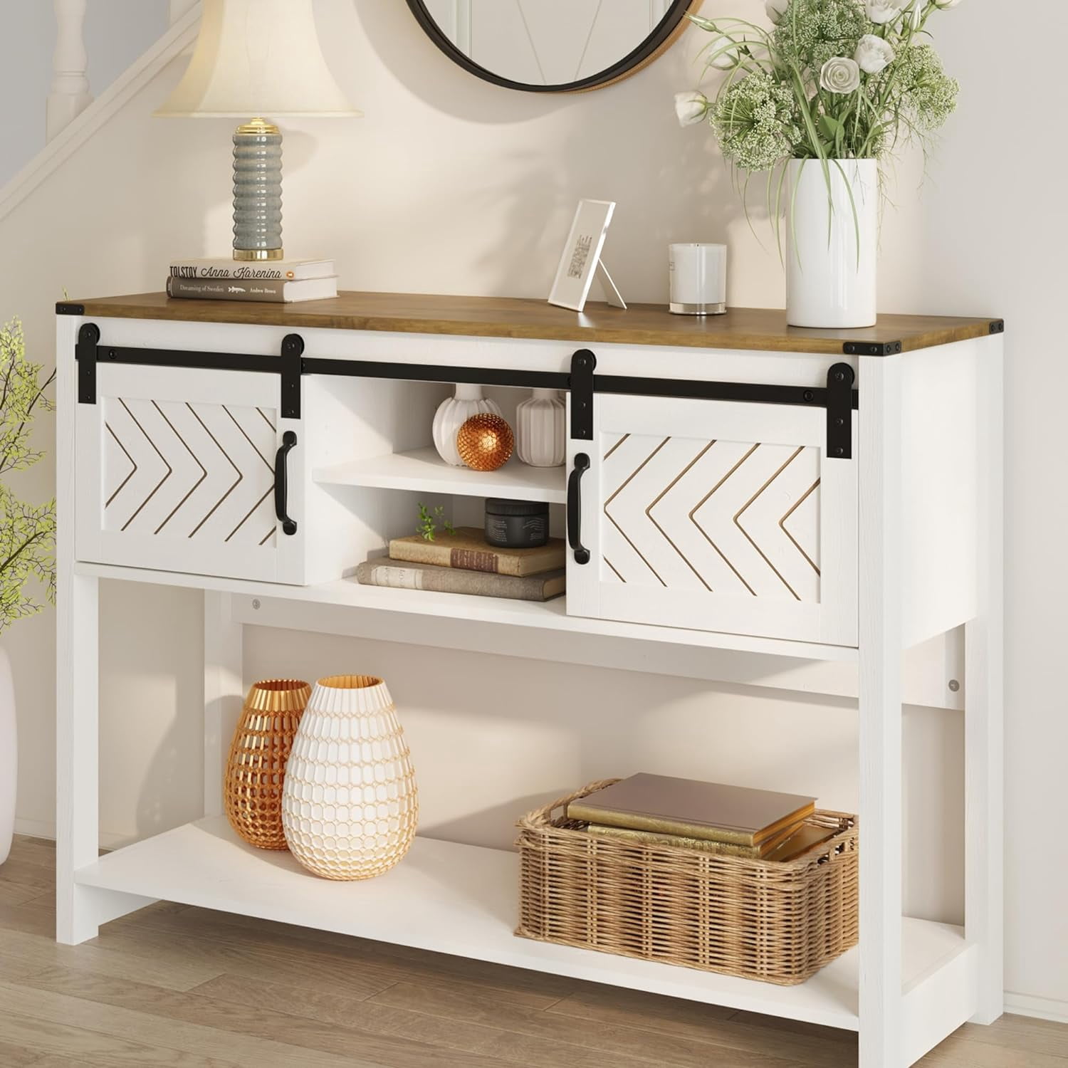Superjoe Farmhouse Console Table w/Storage & Sliding Barn Door for Entryway, 46" Wood Foyer Table w/Adjustable Shelf, Coffee Bar Sideboard for Hallway, Living Room, Wood-Tone White