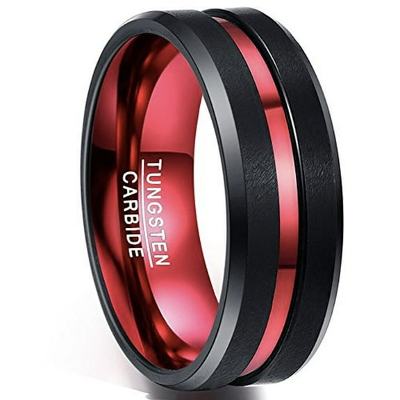 Wedding Rings For Men or Women. 8mm Black Tungsten Band w/ Red Groove Line