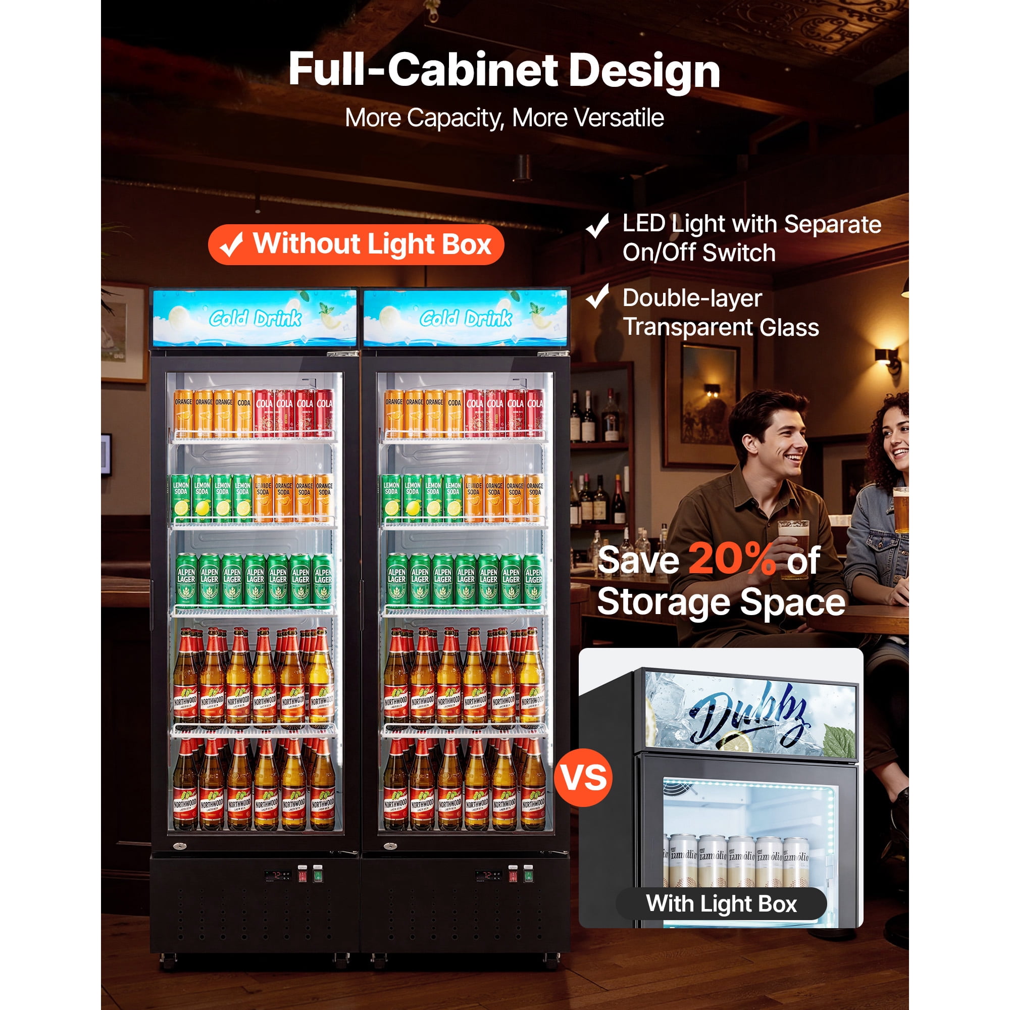 KFFKFF Commercial Glass Door Refrigerator, 12.7 Cu.Ft / 360 L Upright Beverage Cooler with Adjustable Shelves, LED Lighting, and Customizable Lightbox for Home or Retail Use