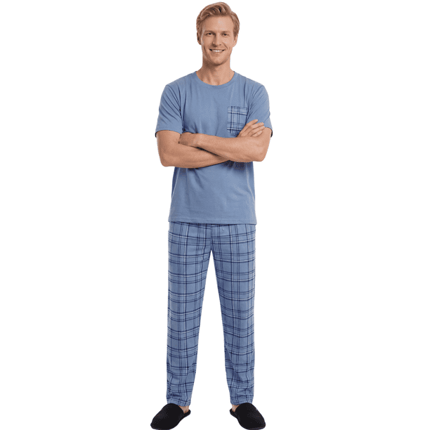 Pijama Hombre 2 Piezas Unitalla, Playera Suave con Bolsillo y Pantalón a Cuadros, Comodidad Total para Descanso