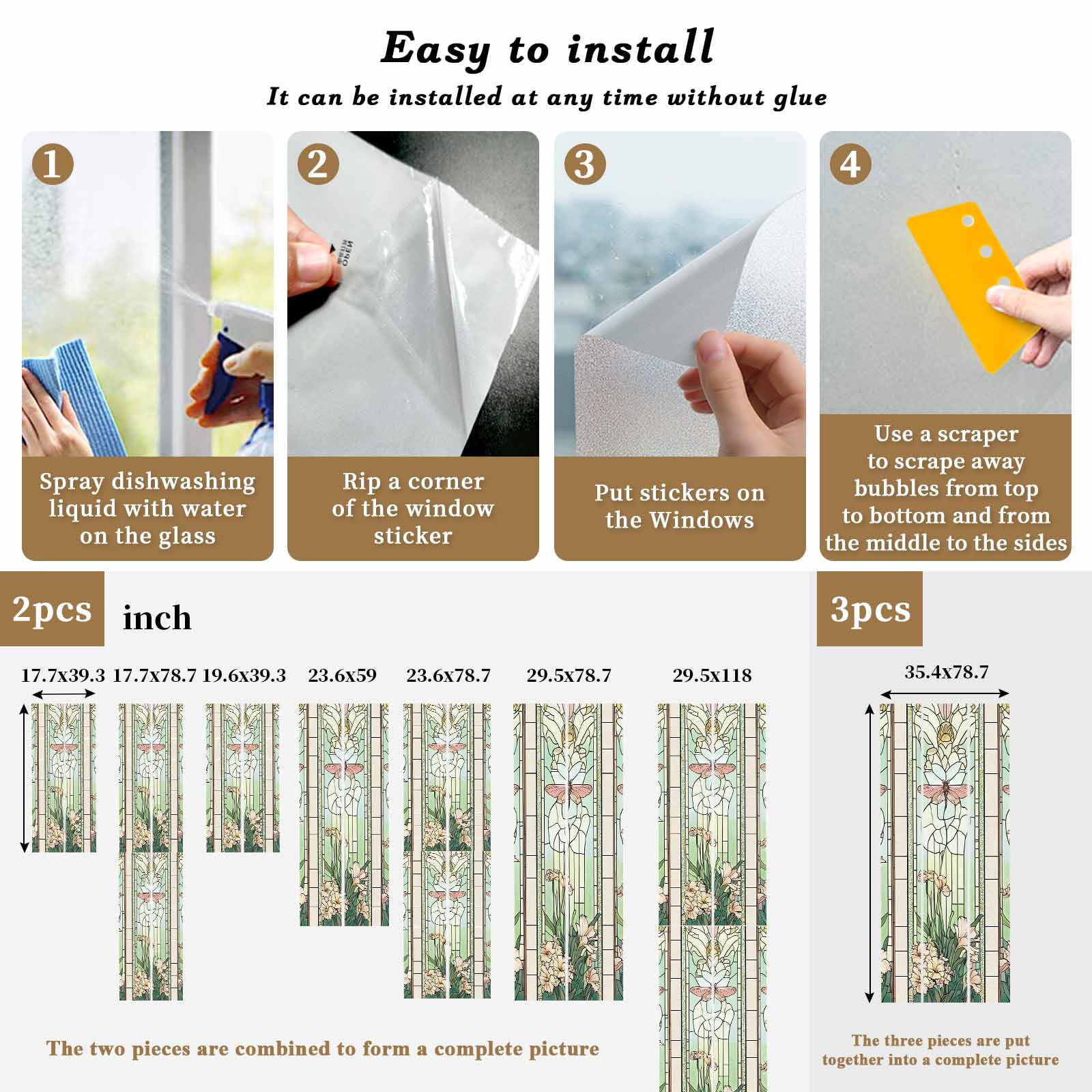 Butterfly Flowers Window Privacy Film, Vintage Stained Glass Green Spring Static Cling UV Sun Blocking Heat Control Window Tint Day and Night, Non-Adhesive One Way Windows Privacy Cover 23.6''x59''