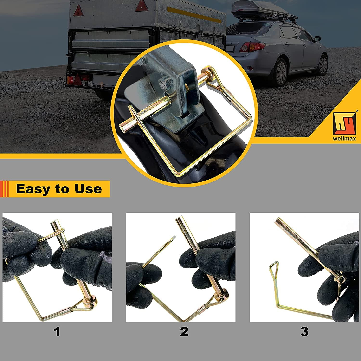 Wellmax 20 Pcs Shaft Locking Pin in 1/4 Diameter Zinc-Plated Heavy Duty Safety Pins, Bonus 4 Pcs Heavy Duty Trailer Hitch Pin for Trailer Lock and Hitch Pin Lock for Farm Lawn Garden Wagons Gold