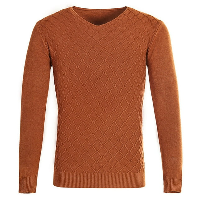 hotojiny Men's Slim Fit Knit Sweater Autumn-Winter Textured Basic Solid Color Pullover Lightweight Casual V Neck Top