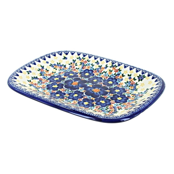 Blue Rose Polish Pottery Blue Dahlia Small Rectangular Serving Platter