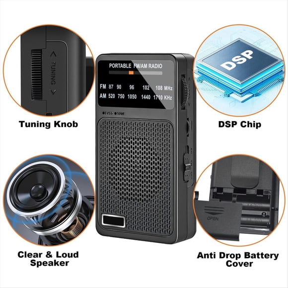 Portable AM FM Radio, Pocket Radio with Speaker & Headphone Jack,Mini Transistor Radios with Back Clip for Elderly Black
