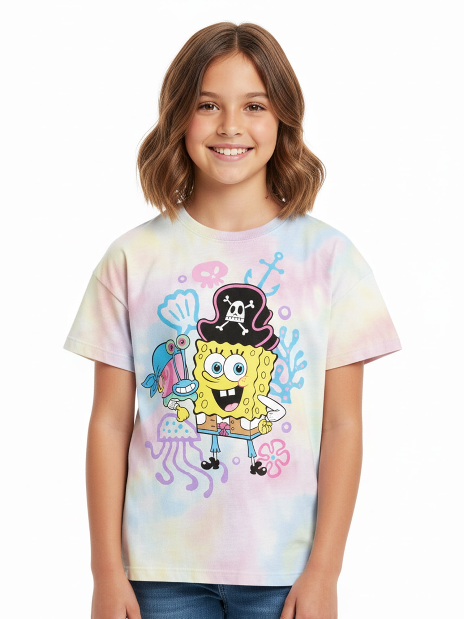 SpongeBob SquarePants Girls Pirate Sponge Graphic Tee with Short Sleeves, Sizes 4-16