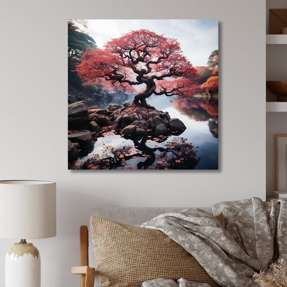 Designart "Majestic Bonsai Tree in Red II" Landscapes Wall Art - Country Red Tree Entryway Wall Art