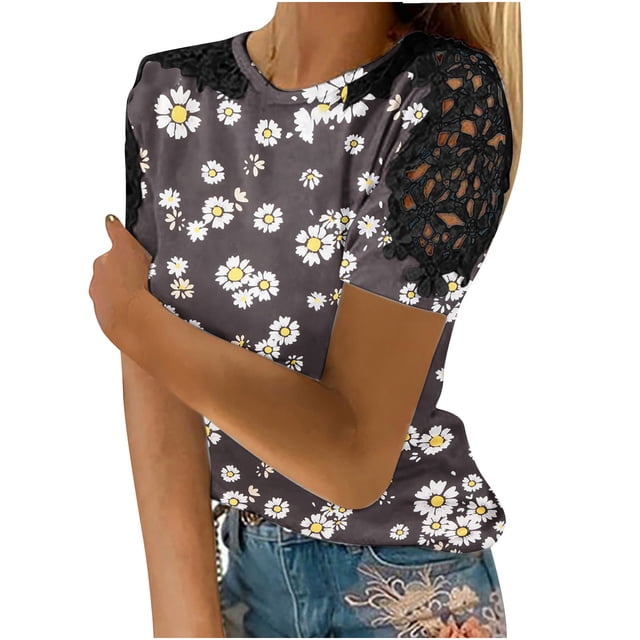 EQWLJWE Hauts d'Été pour Femmes Hauts pour Femmes Liquidation Mode Féminine Été Col Rond Loisirs Manches Courtes Imprimé Dentelle Couture Hauts