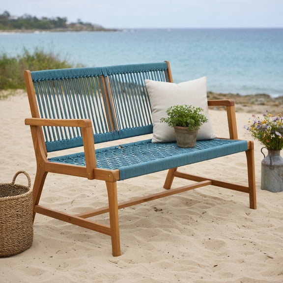 Topcobe 2-Person Acacia Wood Yard Bench for Balcony and Patio, Outdoor Patio Furniture for Balcony Garden Backyard-Turquoise