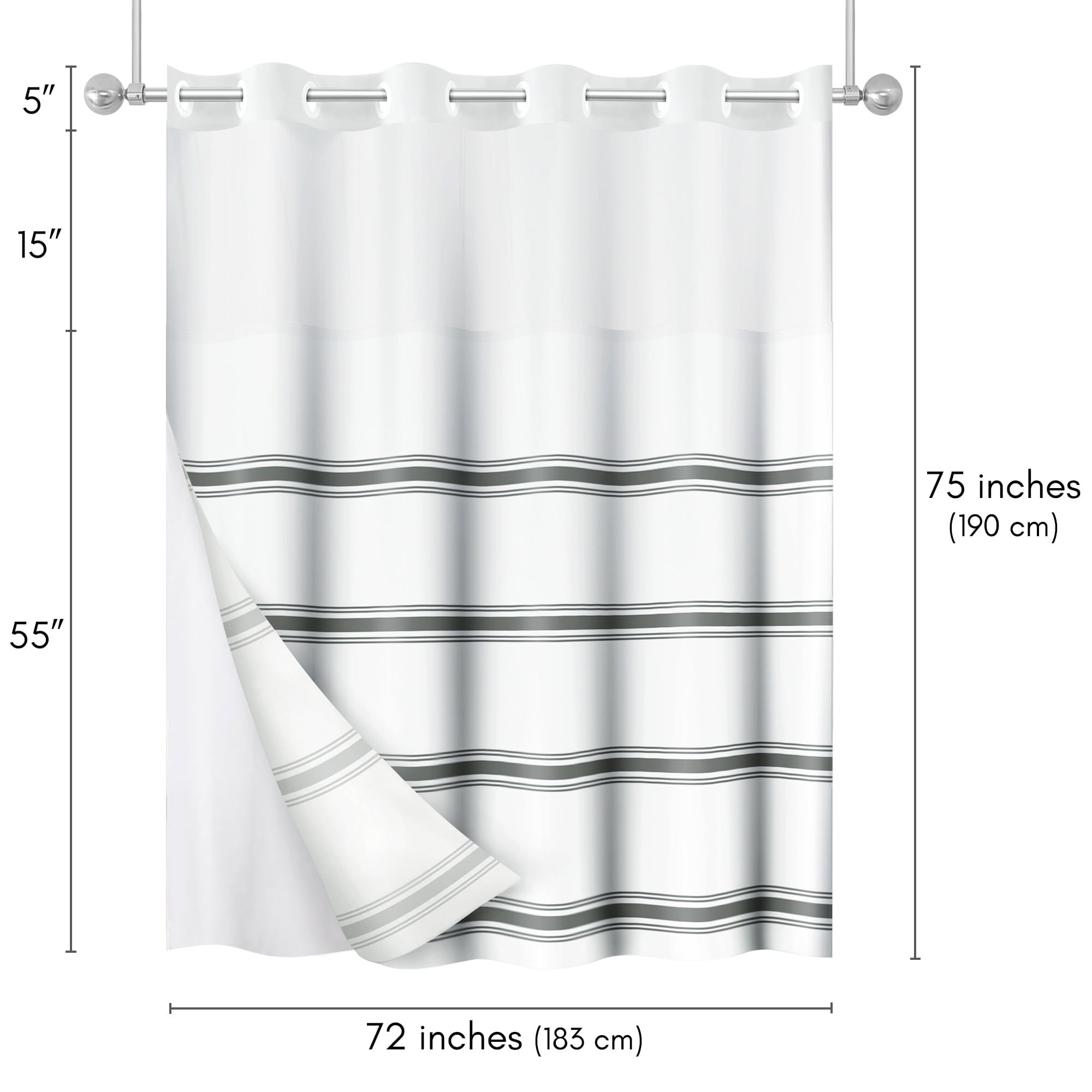 Americanflat 72x75 Hookless Shower Curtain - Grey Abstract Lines Shower Curtain with Sheer Panel, Snap-In Liner, and Grommets - 100% Polyester