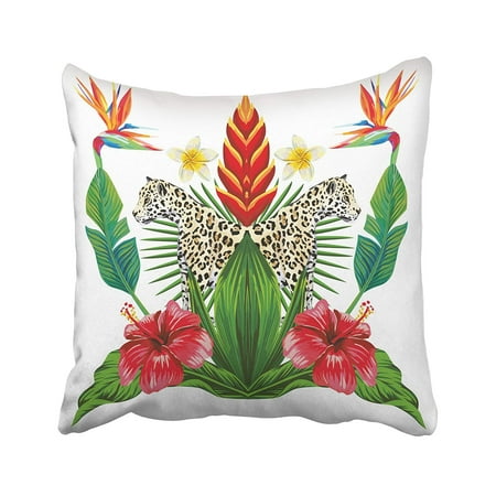 Flowers Paradise Bird ARTJIA Composition Of Tropical Bouquet Hibiscus Flowers Bird Paradise Wild Animal Lioness Pillowcase Cover 18x18 inch ()