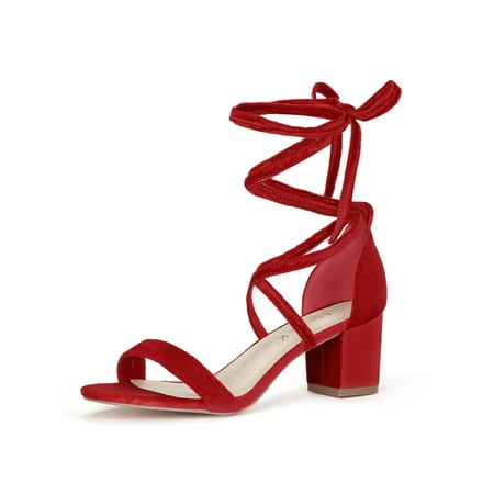 Dyeables Mid Heel Heels - Unique Bargains Women's Mid Chunky Heeled Open Toe Lace Up Sandals Red (Size 7.5)