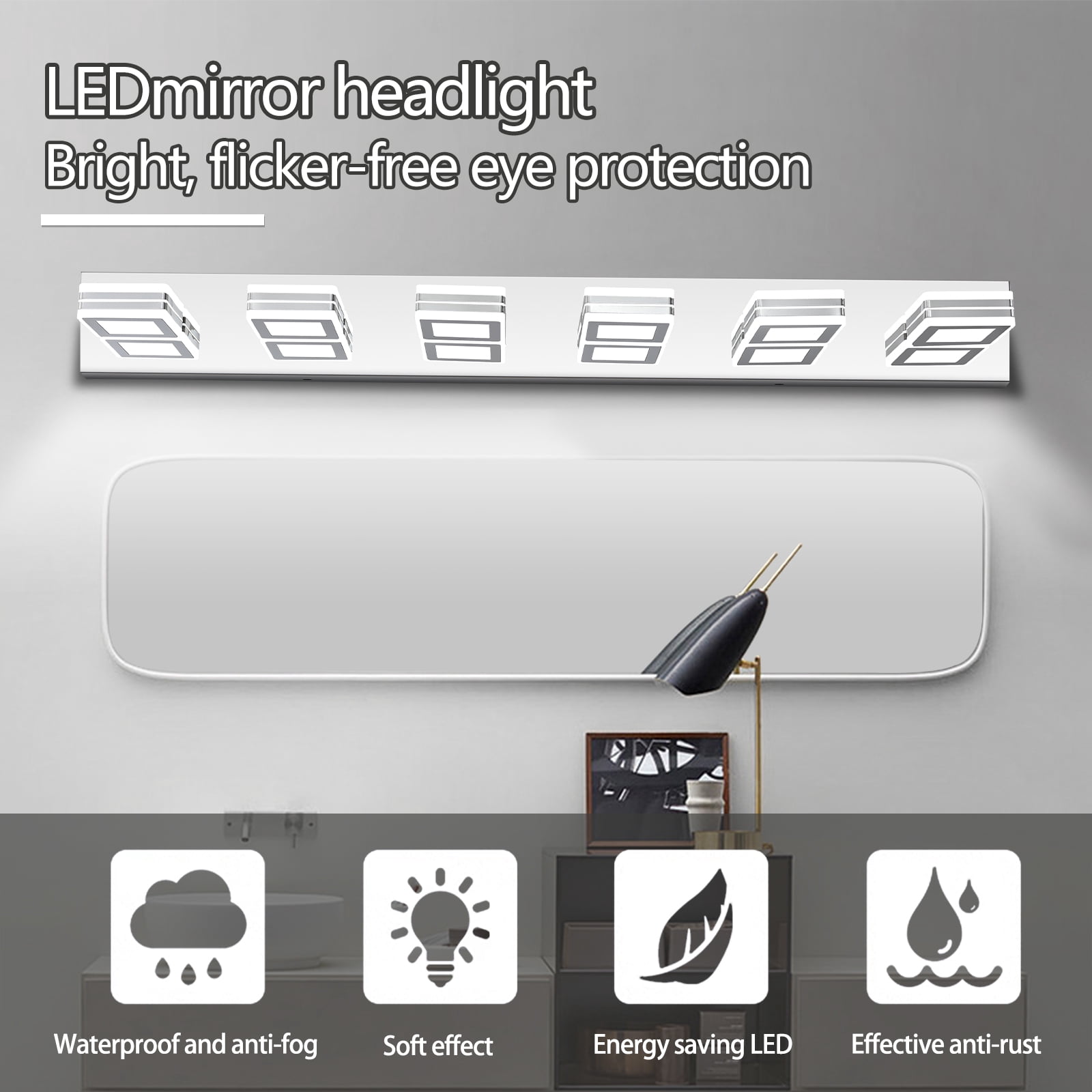39" Modern Chrome 6-Light LED Vanity Light, Square Acrylic Lampshades Wall Mount Fixture for Bathroom, Mirror Lighting