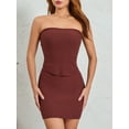 thumbnail image 4 of Gupgi Women Summer 2 Piece Knit Outfit Ribbed Strapless Tube Top Bandeau with Bodycon Mini Skirt Set, 4 of 8