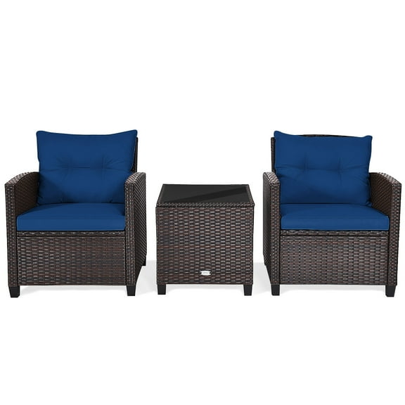 Patiojoy 3PCS Wicker Cushioned Conversation Set Outdoor Rattan Furniture w/ Navy Cushions