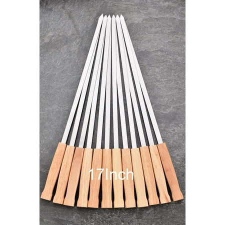 17-Inch 12 Pack Long Flat BBQ Skewers, Brazilian-style Stainless Steel 3/8 Inch Wide Blade with hardwood Handle barbecue skewers for Grilling Meat,Chicken,Shrimp,Vegetables-Set of 12