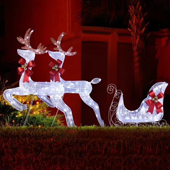 Reindeer & Sleigh Lighted Set (3-Piece) - Weatherproof Christmas Decor with 270 Pre-Lit White LEDs, Stakes Included for Indoor/Outdoor Holiday Displays