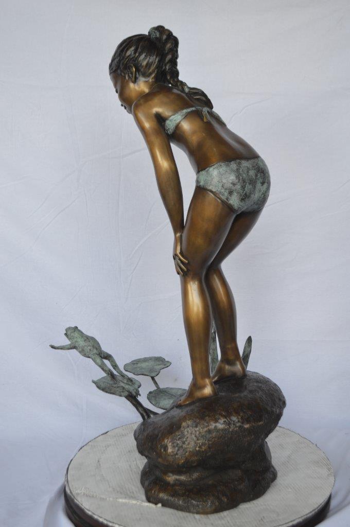 Nifao Girl Watching Jumping Frog – Outdoor Bronze Fountain, Garden Water Feature, 21"L x 15"W x 38"H