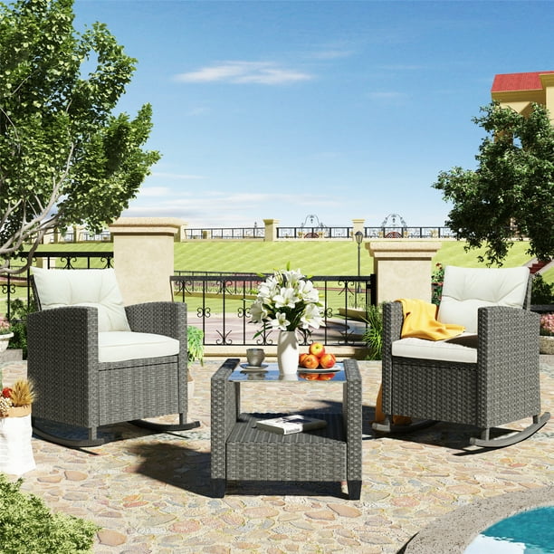 Astarth 3 Piece Rocking Patio Furniture Sets All Weather Outdoor Sectional Sofa Manual Weaving Wicker Rattan Conversation Set With Cushions Beige Com Astarth 3 Piece Rocking Patio Furniture, Patio Furniture 3 Piece Sectional Sofa Resin Wicker Beige