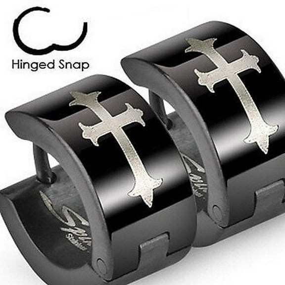Biker Style - Black Gothic Midieval Cross - Stainless Steel Wide Hoop Earrings