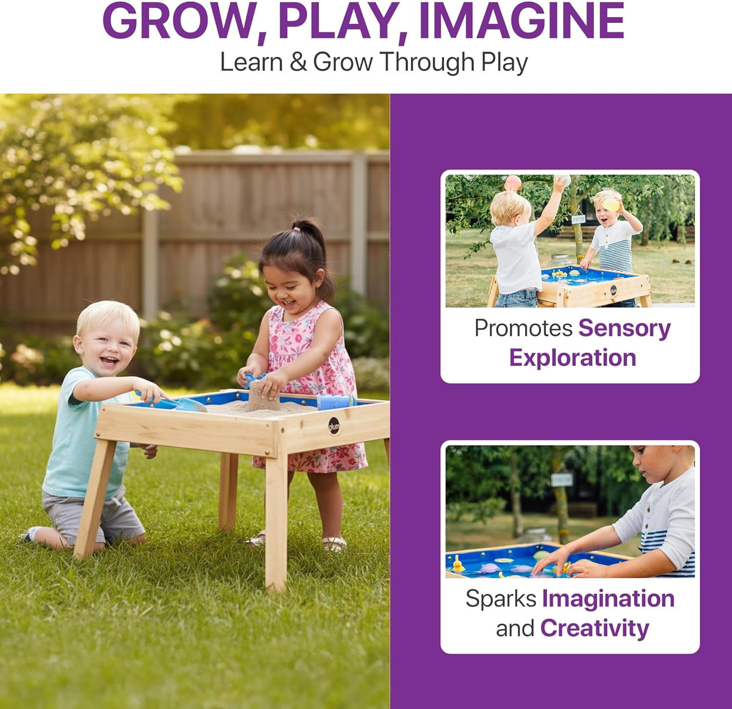 Plum® Wooden Sand and Water Table with Cover - Toddler Sensory Toys, Summer Outdoor Games for Kids, Backyard Build & Splash Activity, Sturdy Sandbox Playset, Weatherproof, Easy to Clean, Age 2+ Years