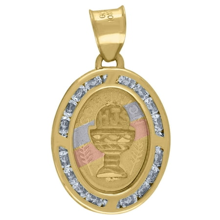 14k Tri-Color Gold Unisex Cz Textured First Communion Religious Oval Charm Pendant