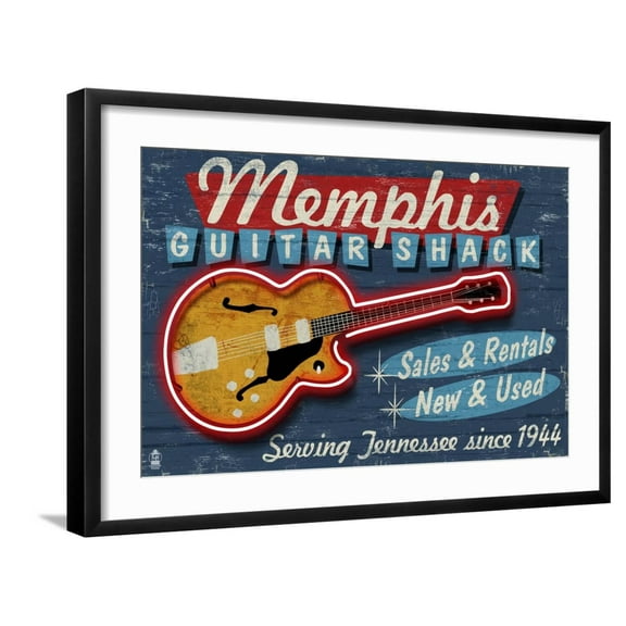 Art.com Memphis, Tennessee - Guitar Shack Art Print by Lantern Press, Black Frame Wall Art, 29" x 21"