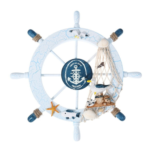 MasteelfCA Nautical Beach Wooden Boat Ship Steering Wheel Fishing Net Shell Home Wall Decor (Seabird)