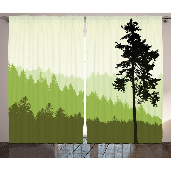 Ambesonne Nature Curtains 2 Panel Set, Pine Tree Silihouette, 108" x 108", Lime Green Army Green