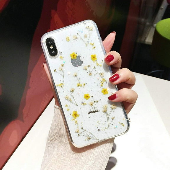 iPhone 11 Flower Case, Soft Clear Flexible Rubber Pressed Dry Real Flowers Case Girls Glitter Floral Cover for iPhone 11 (Yellow, iPhone 11 Pro)