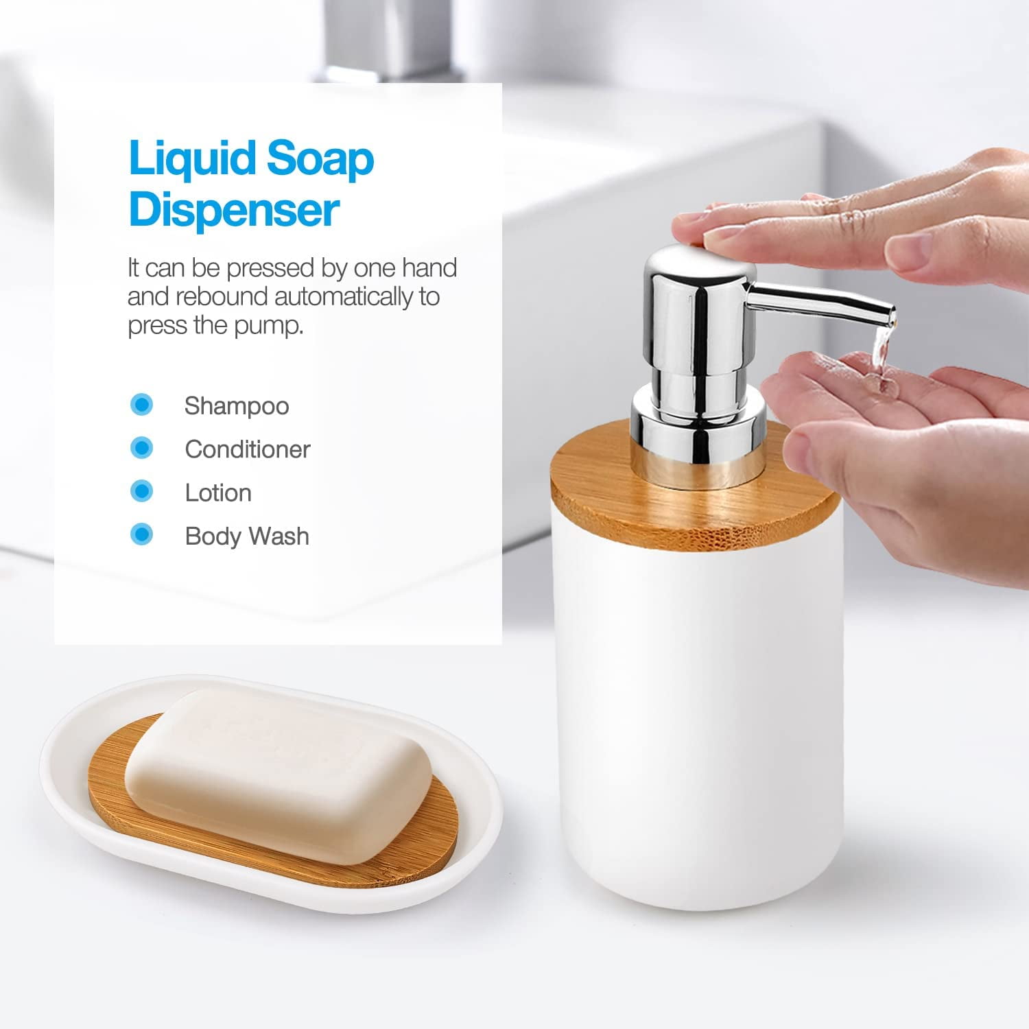 Livhil 6 Pcs Bamboo and Plastic Bathroom Accessories Sets, White