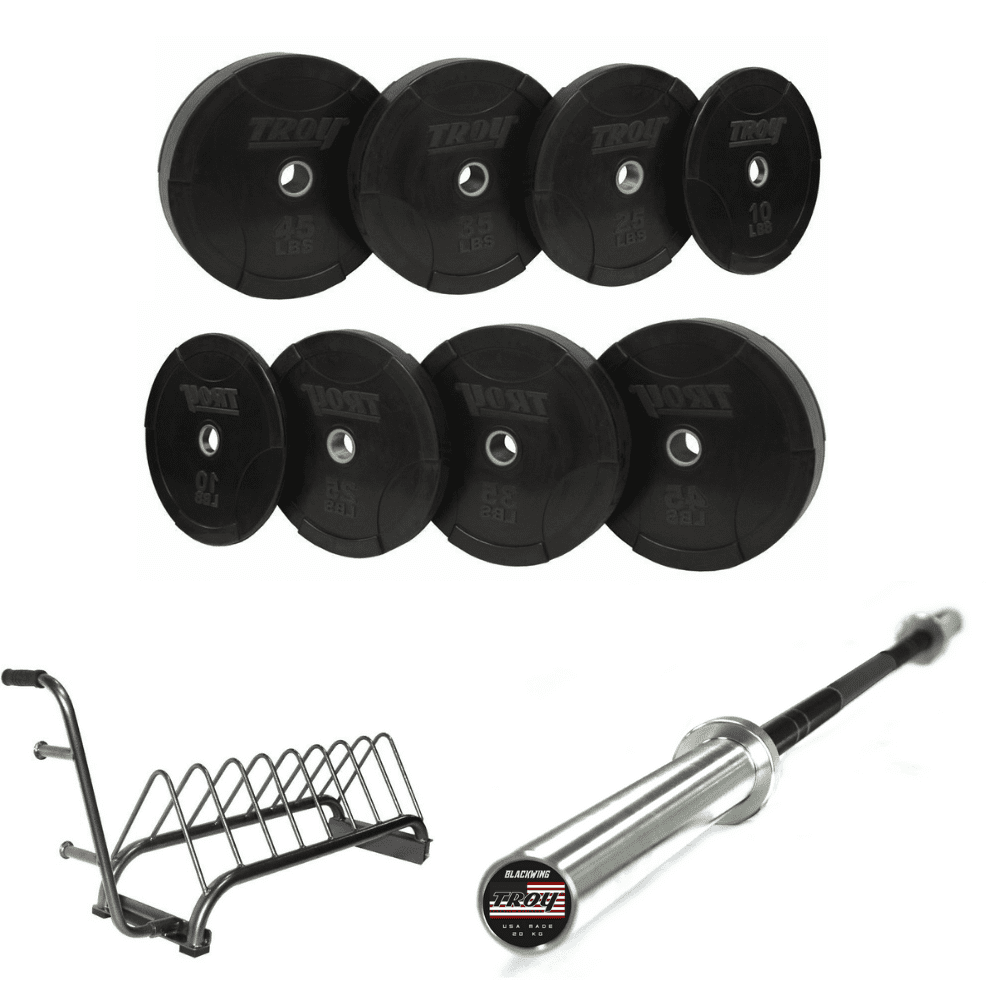 Black Rubber Bumper Plate Weight Set w/ Barbell & Rack
