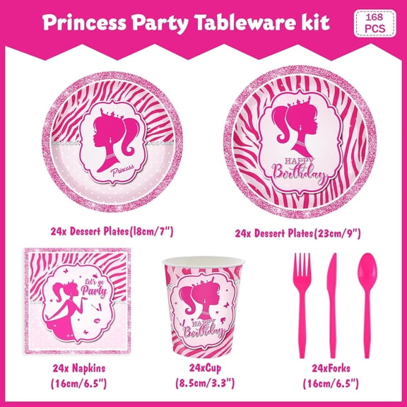 PYAN-Pink Princess Party Supplies Kit for 24 Guests - 168 Pcs Disposable Tableware Set Includes Plates, Napkins, Cups & Cutlery for Girls Birthday Party Decorations