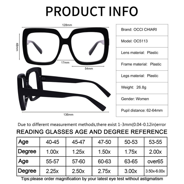 OCCI CHIARI Reading Glasses for Women, Magnification, Black