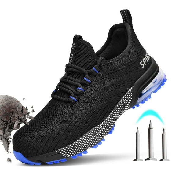 SPIEZ® Composite Toe Safety Shoes With Air Cushion,Lightweight Breathable Work Shoes,Unisex Non Slip Shoes for Construction Factory Warehouse - Black Blue,Size 7.5 Women/6 Men