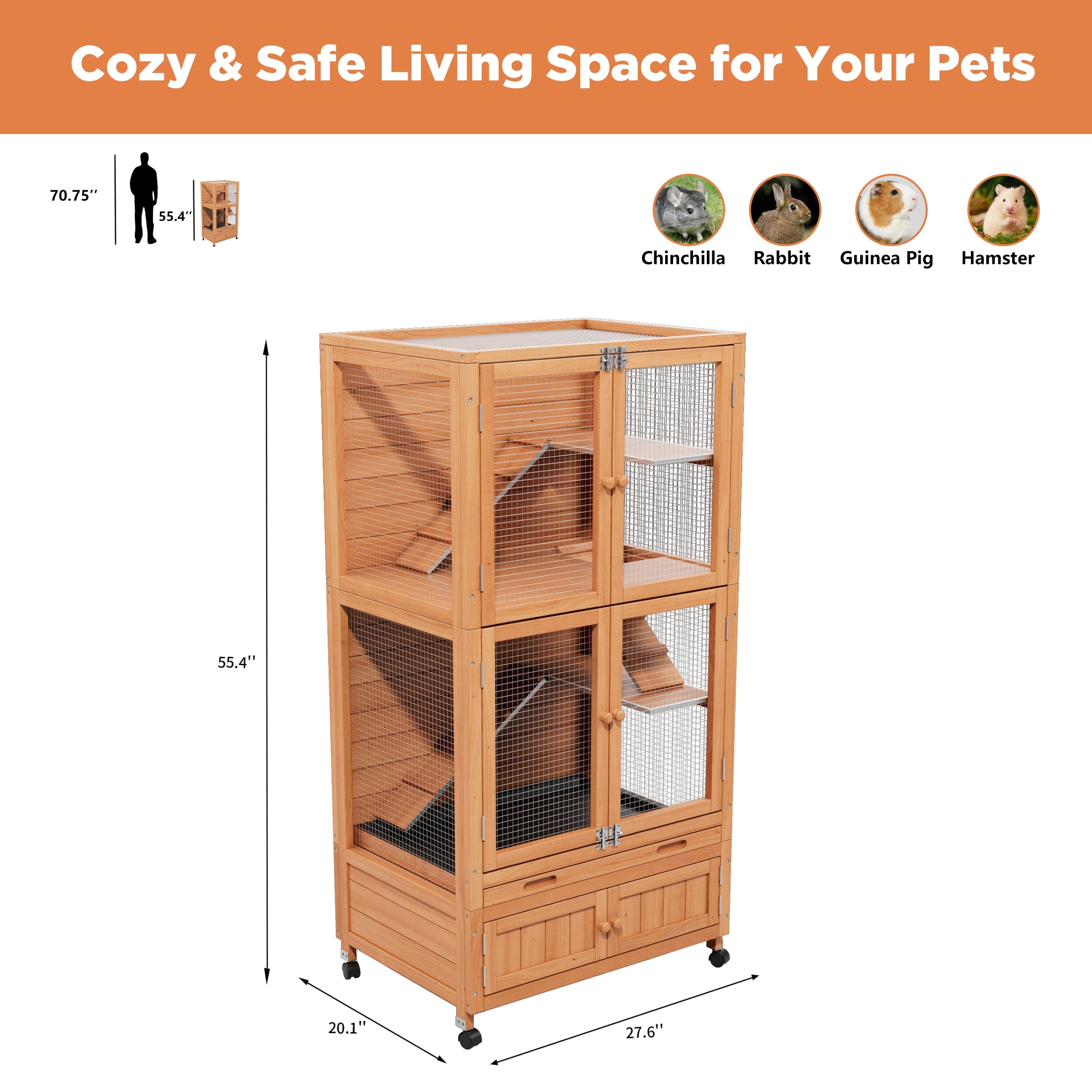 Multi-Level Chinchilla Cage Chew-Proof Indoor Ventilated Wood Small Animal Hutch with Wheels Storage Cabinet,Orange