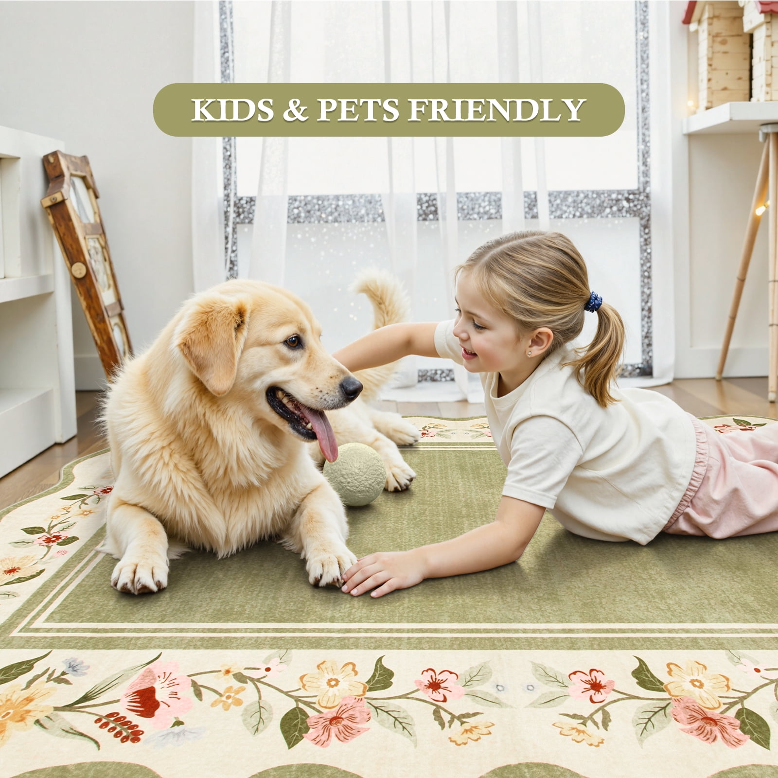 Lahome 2'x3' Boho Floral Washable Small Rug,Ultra-Thin Scalloped Rug, Non-Slip & Stain Resistant,Soft Low-Pile Mat for Kitchen, Bathroom, Bedroom Front Door Indoor Entrance (2x3ft,Green)
