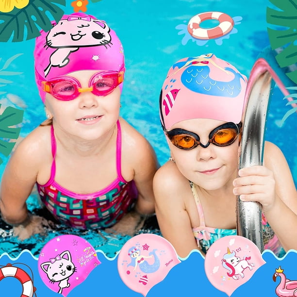 Bonnet De Bain Enfant 4-10 Ans – PU Souple, Imperméable Anti-chlore, Motif Dauphin Rose, Cheveux Longs